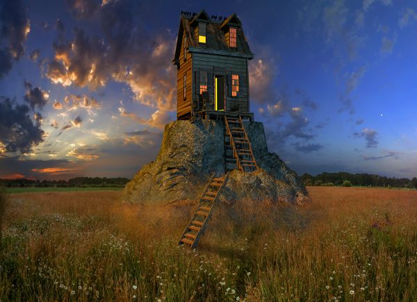 gammelt hus,solnedgang,himmel,trappe,Mark,prærie