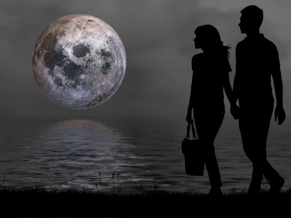 amour, nuit, couple, pleine lune, eau, ensemble