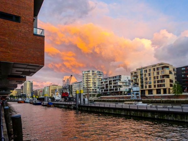 solnedgang, arkitektur, himmel, hamburg, skyer, Tyskland