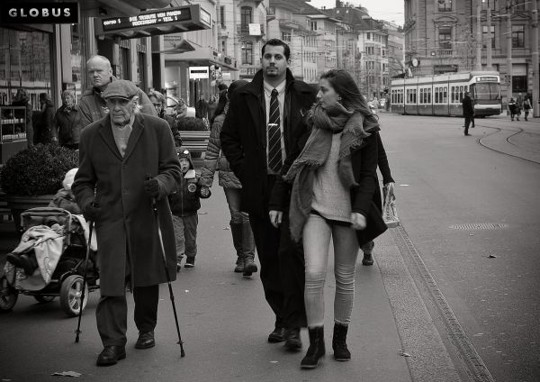 pedestrian, black and white, people, road, white, walking