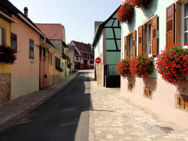 arkitektur, vej, gade, hus, himmel, fortov