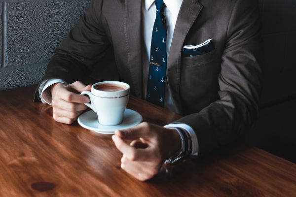 man, table, person, suit, coffee, cup