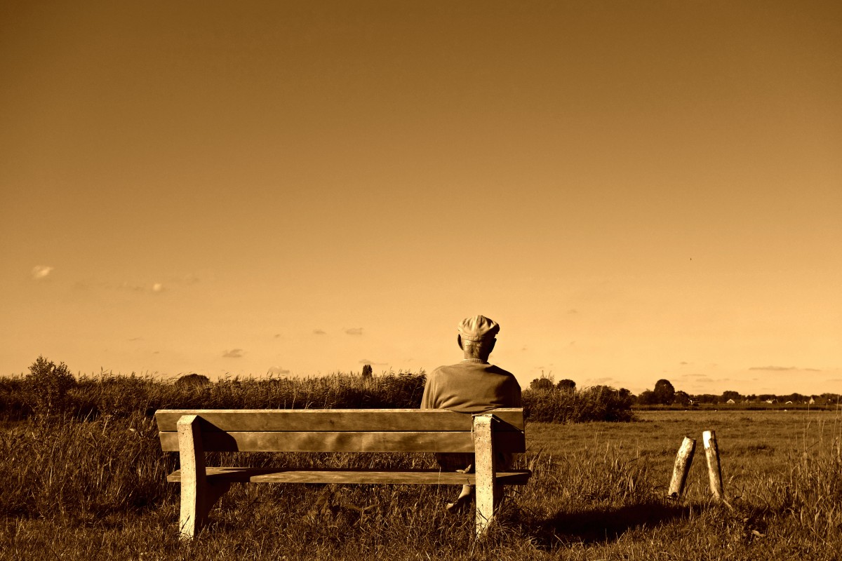 Mann, Landschaft, Natur, Gras, Horizont, Person, Menschen, Himmel, Sonnenuntergang, Bank, Feld, Sonnenlicht, Morgen, Abend, Sitzung, Landwirtschaft, alter Mann, Entspannend, Sitzen, Foto, Ältere, Rentner, ländliches Gebiet, Alter Mann sitzt auf der Bank, Grasfamilie