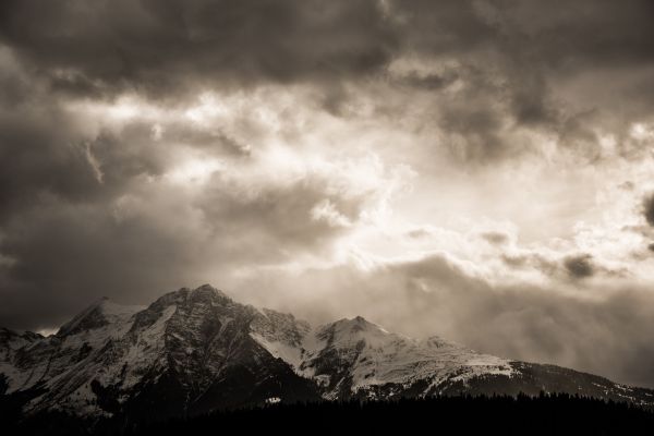 natuur, berg-, sneeuw, licht, wolk, zwart en wit