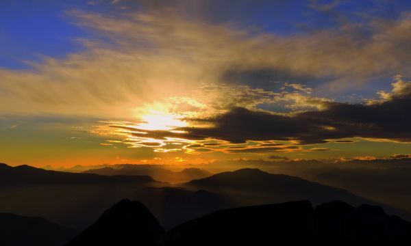 地平線, 山, 雲, 空, 太陽, 日の出