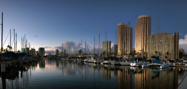 doca, barco, Horizonte, noite, cidade, Por do sol