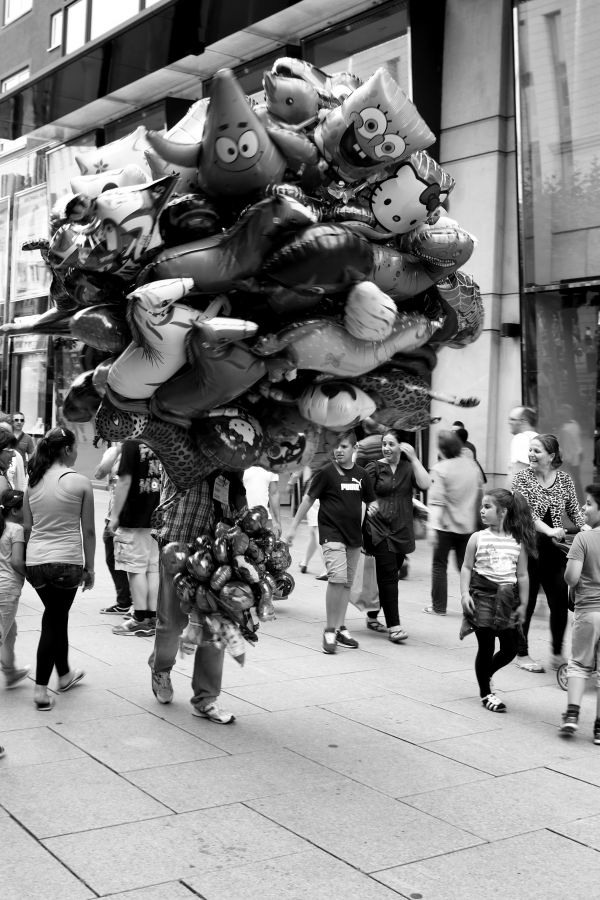 black and white, people, road, street, crowd, balloon