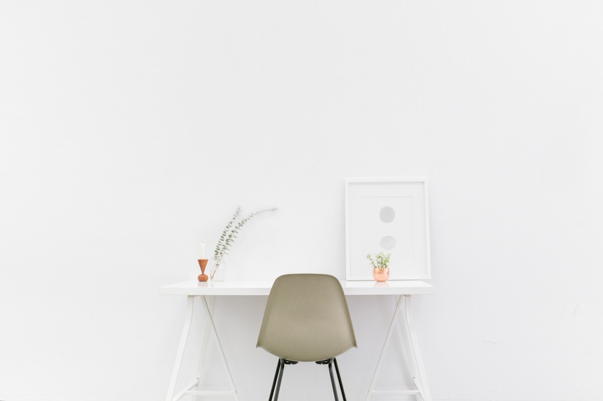 desk, table, white, chair, interior, shelf, lamp, furniture, room, lighting, brand, product, design, minimalist, rectangle, light fixture, minimal