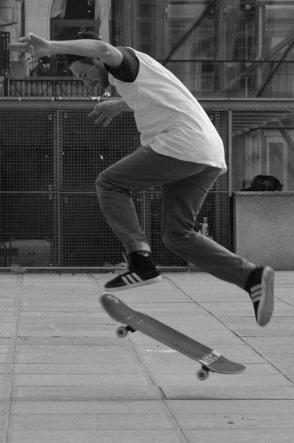 man, svartvitt, personer, vit, fotografi, skateboard