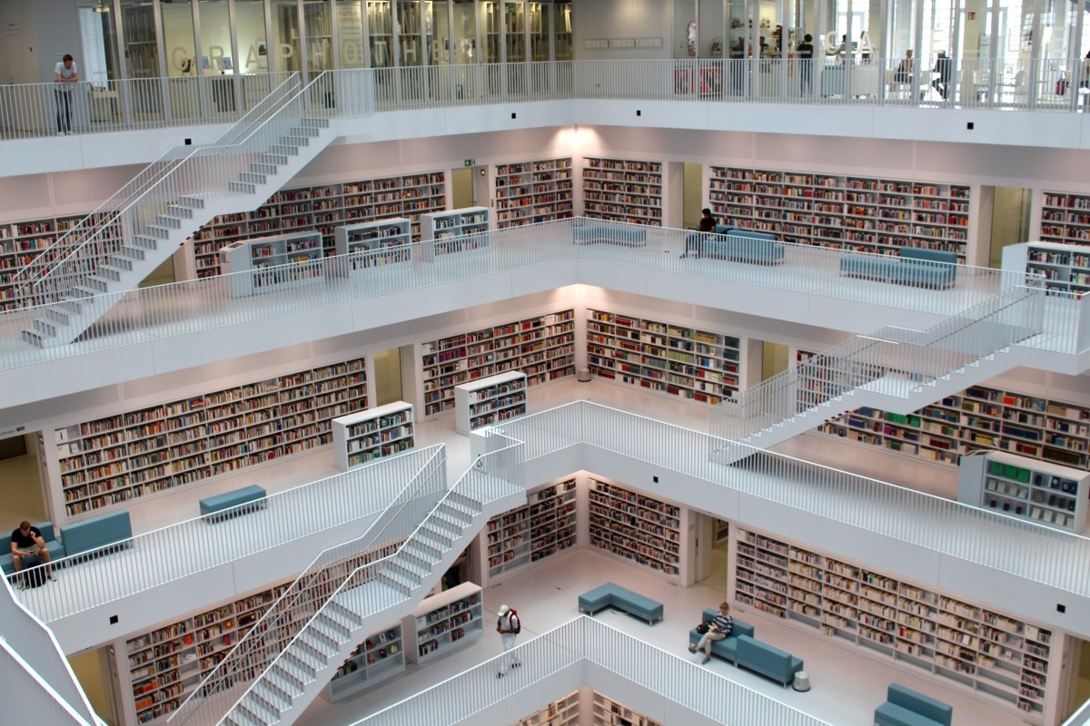 read, architecture, white, interior, building, city, urban, staircase, railing, plaza, modern, interior design, study, library, books, stairs, shelves, learn, stuttgart, retail, floors, know, browse, gradually, public library, shopping mall, city library, scale model, window covering