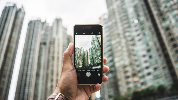 hand-,technologie,fotografie,iphone,vervagen,stad