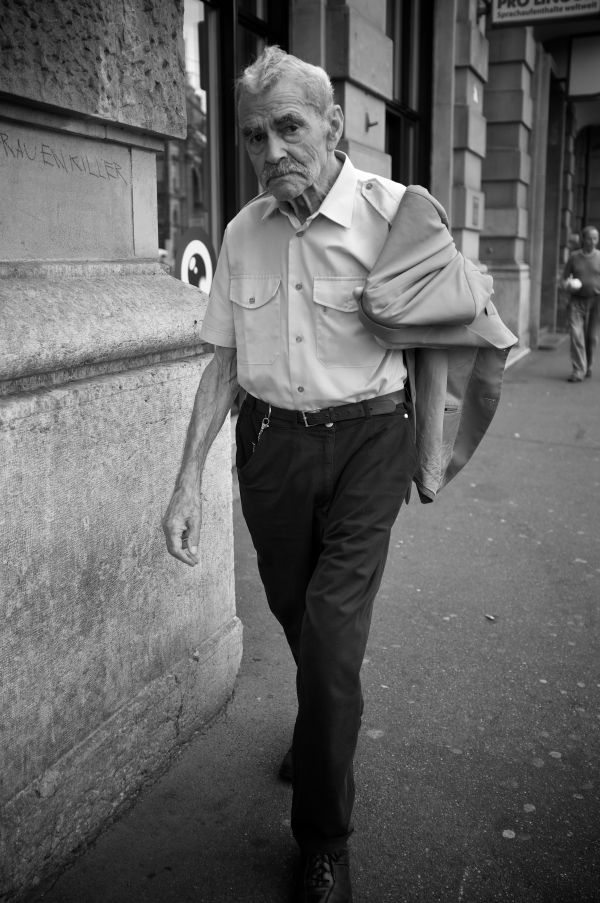 man, person, black and white, road, white, street