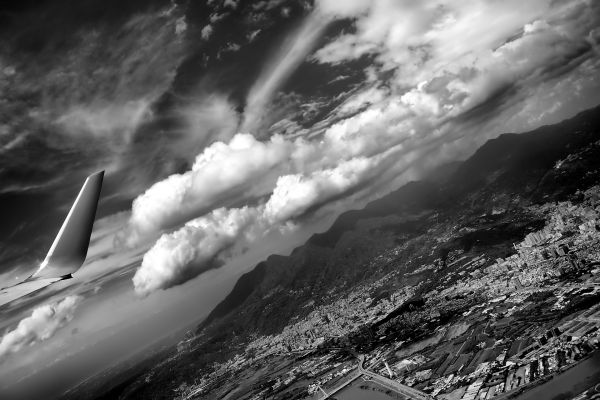 光, 雲, 黒と白, 空, 白, 山