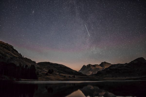 montanha, céu, noite, Estrela, alvorecer, lago