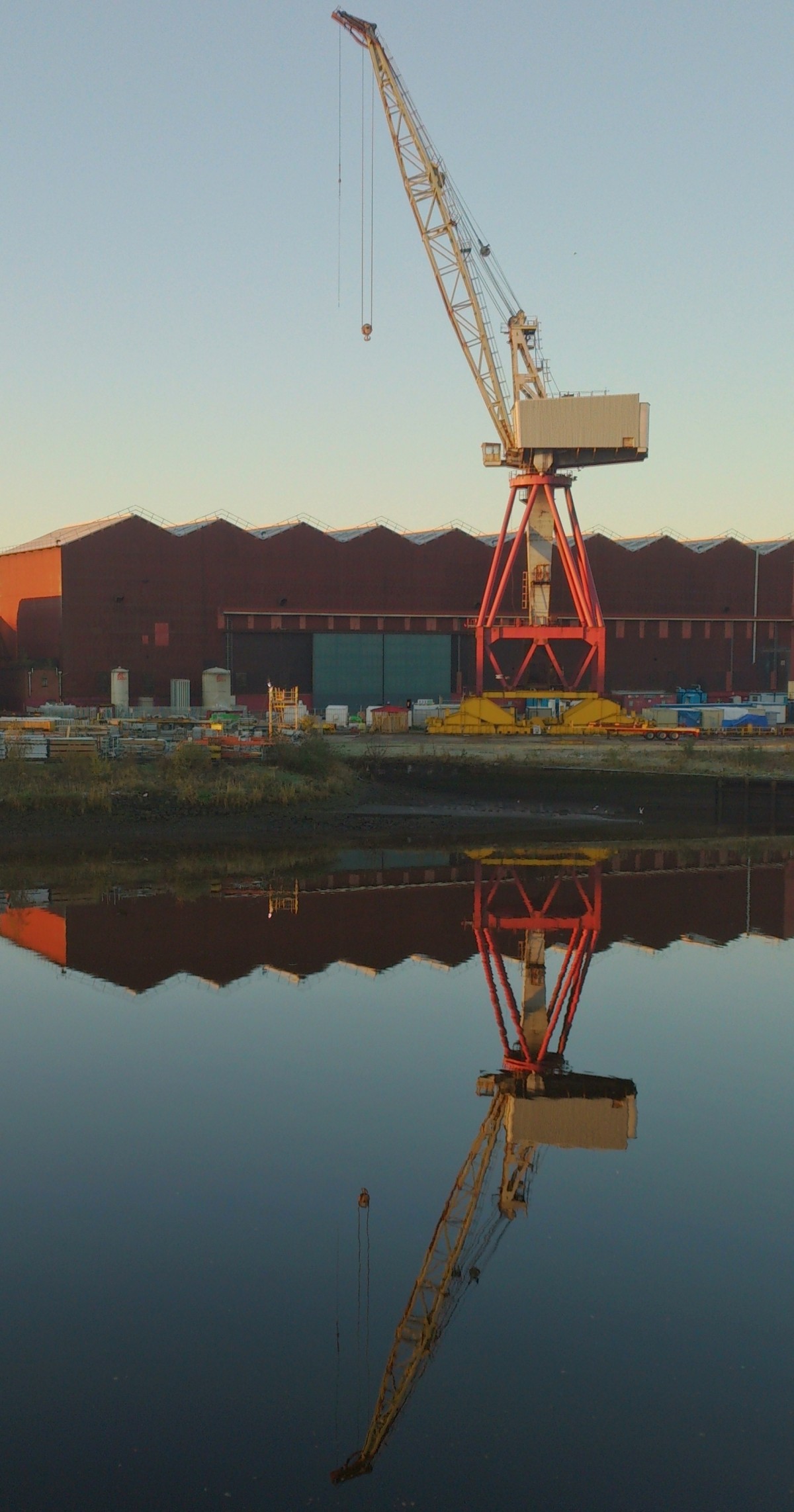 sea, water, structure, boat, urban, river, steel, evening, reflection, vehicle, mast, industrial, suspension, port, waterfront, still water, stillness, warehouse, shipyard, scotland, crane, glasgow, scottish, clyde, quay, suspense, suspend, govan