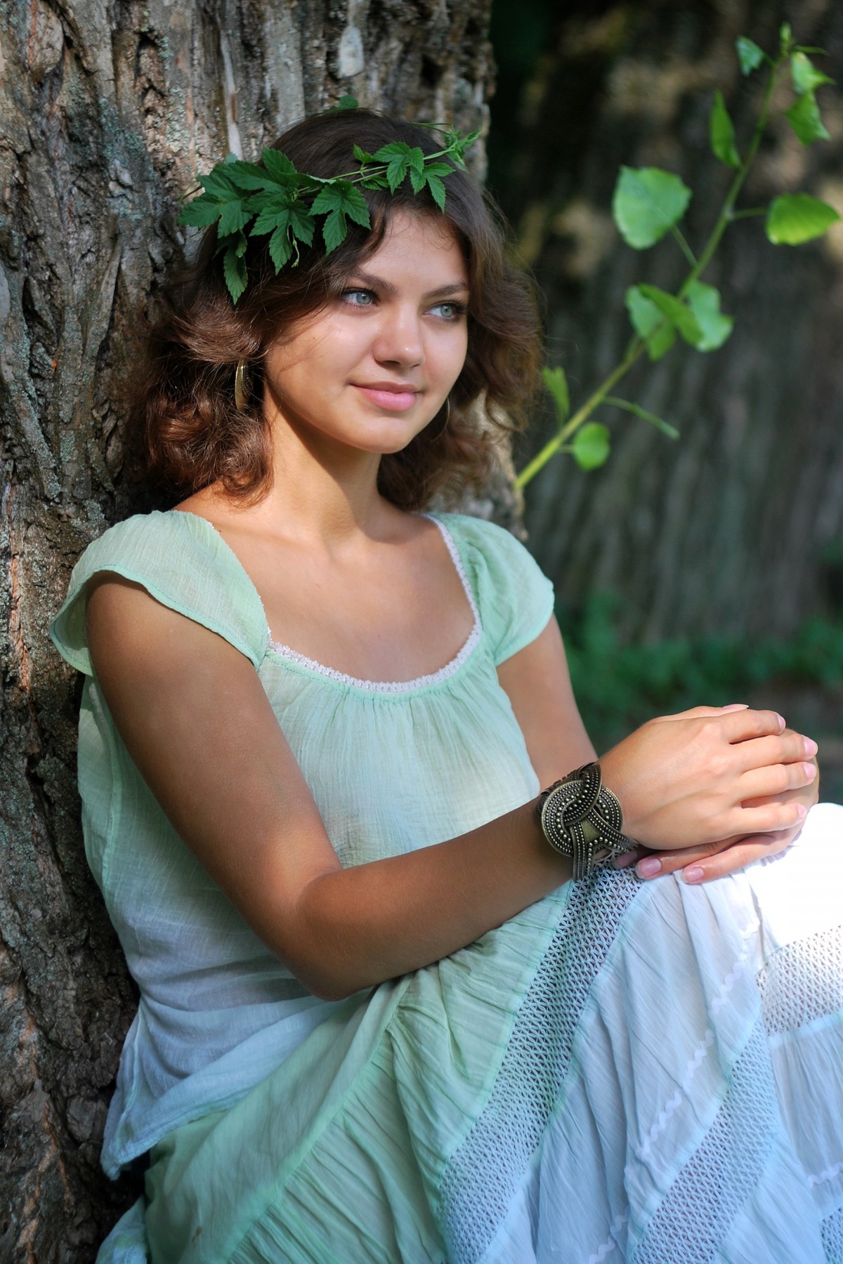 tree, nature, forest, person, girl, woman, photography, cute, bark, portrait, model, spring, green, ivy, romantic, fashion, blue, clothing, lady, hairstyle, smiling, smile, ecology, leaves, dream, dress, eye, photograph, vegan, skin, beauty, beautiful, hippie, elf, magic, story, enchanted, fairy, nymph, eclectic, charm, charming, abdomen, photo shoot, portrait photography