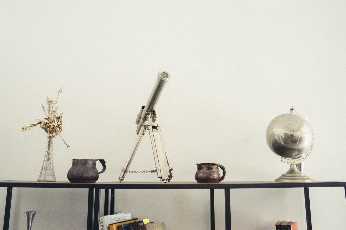 table, wood, white, telescope, shelf, lamp, furniture, lighting, world, geography, product, science, astronomy, design, light fixture, discover