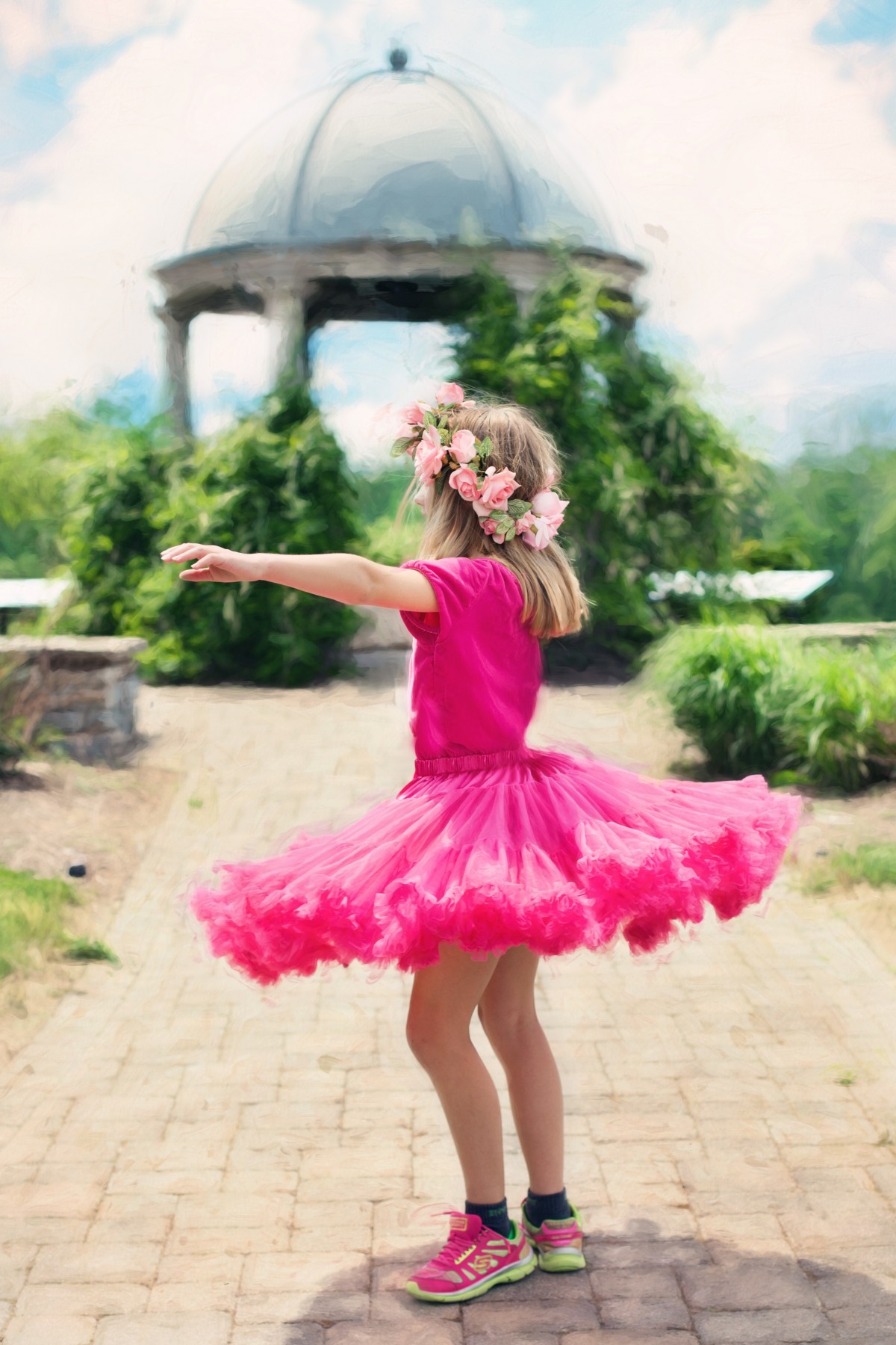 fiore, estate, danza, primavera, moda, capi di abbigliamento, rosa, all'aperto, vestito, danza, bella, toga, quinceanera, servizio fotografico, vestito da ballo, poco twirling bambina