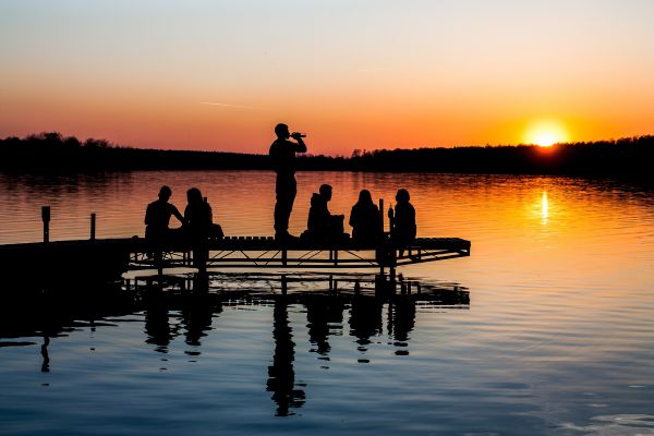 горизонт, силуэт, море, воды, док, люди