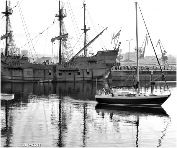 mer, Dock, bateau, ville, eau, noir et blanc