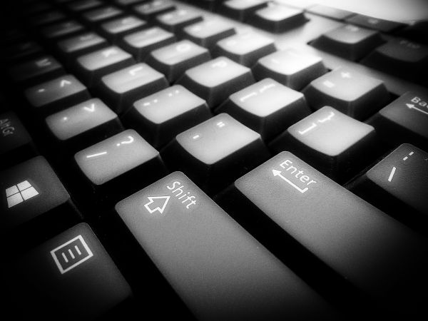 computer, keyboard, laptop, work, typing, black and white