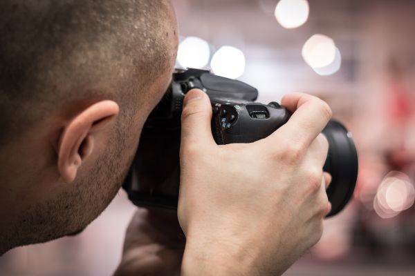 hand-, man, persoon, bokeh, camera, fotografie