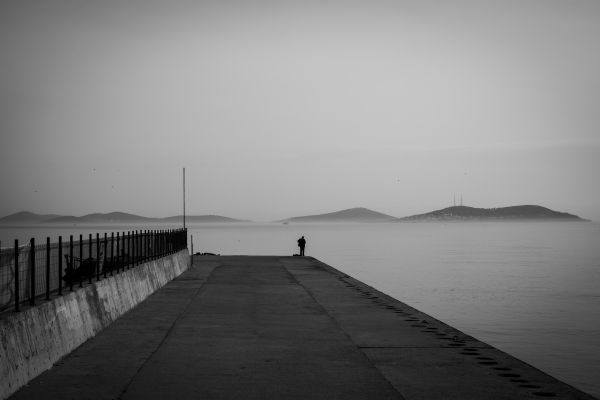 hombre,mar,costa,Oceano,horizonte,silueta