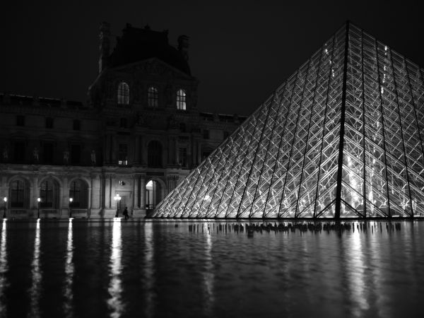 ligero, noche, agua, en blanco y negro, arquitectura, puente