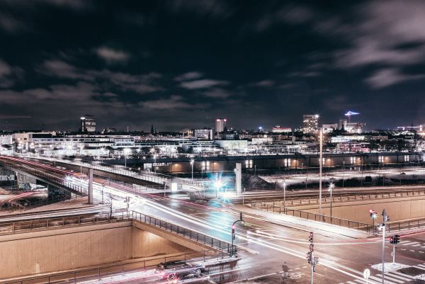 Struktur, Skyline, der Verkehr, Nacht-, Brücke, Gebäude