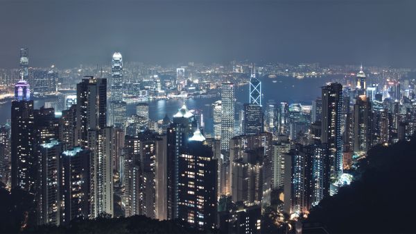 地平線, スカイライン, 夜, シティ, 超高層ビル, 光