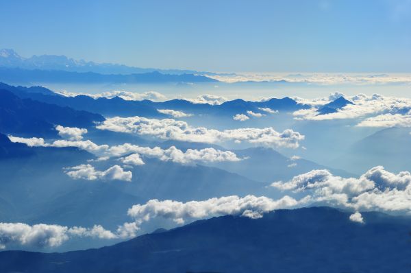 地平线,山,雪,云,天空,阳光