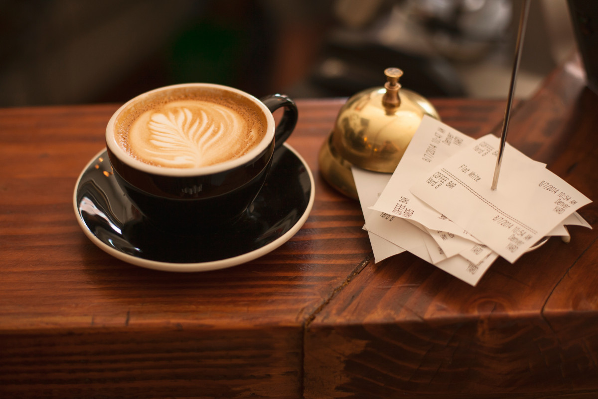 coffee, cup, receipt, counter, latte, bell, drink