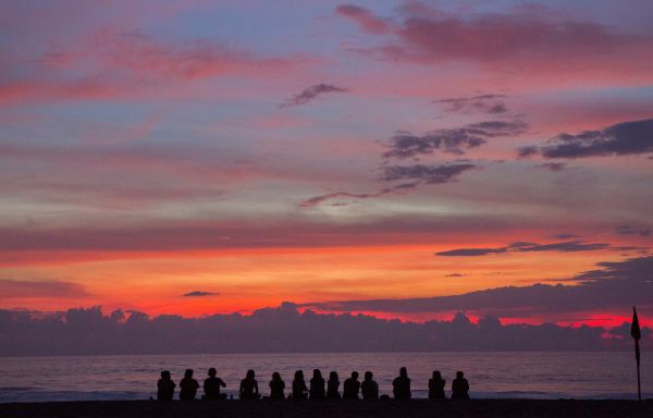 ビーチ,海,海岸,地平線,シルエット,雲