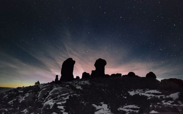 langit, malam, bintang, gunung, salju, Fajar