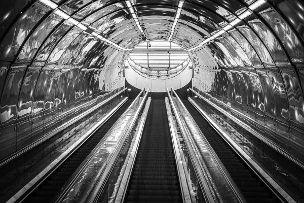 black and white, architecture, escalator, track, perspective, tunnel