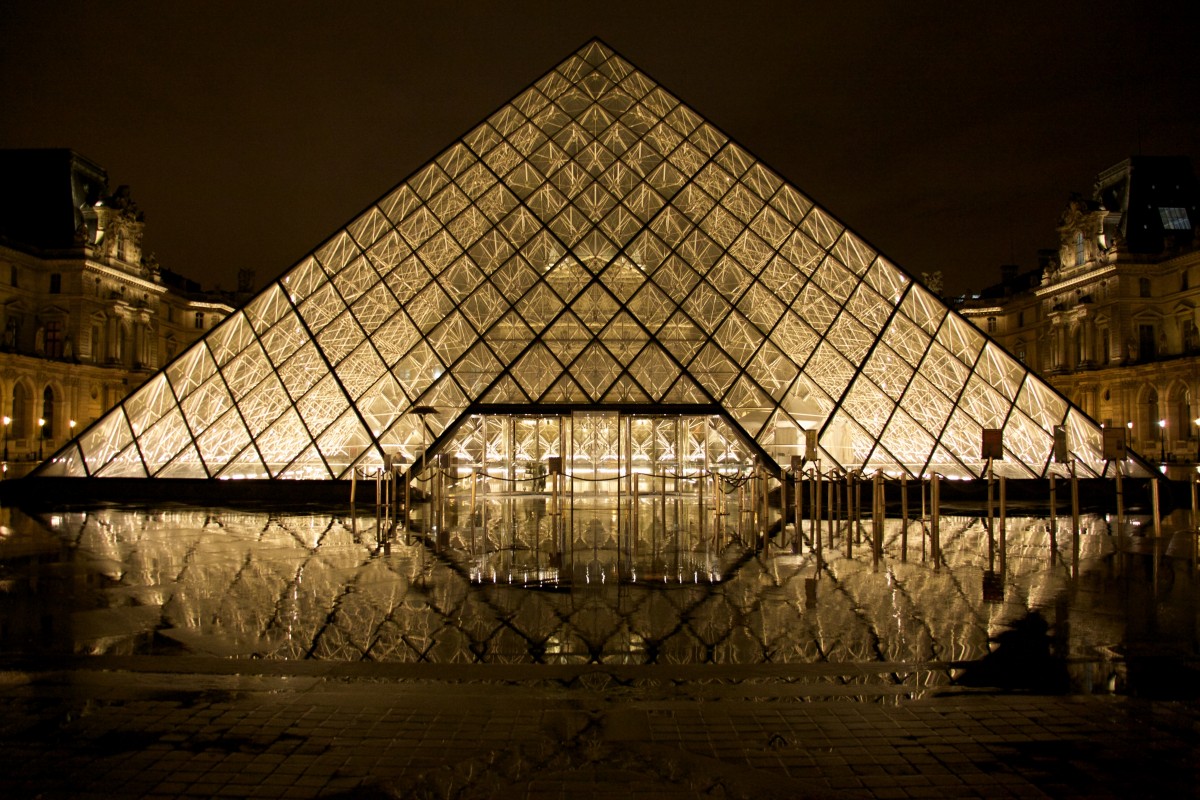 light, architecture, night, building, palace, old, city, paris, monument, france, europe, evening, reflection, louvre, museum, pyramid, ancient, landmark, darkness, attraction, historic, tourism, lighting, capital, french, symmetry, culture, history, european, famous, dome, shape, glass pyramid, urban area, ancient history