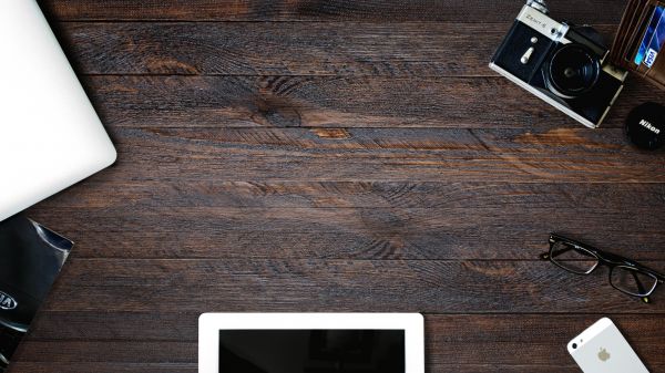 desk, computer, table, wood, camera, ipad