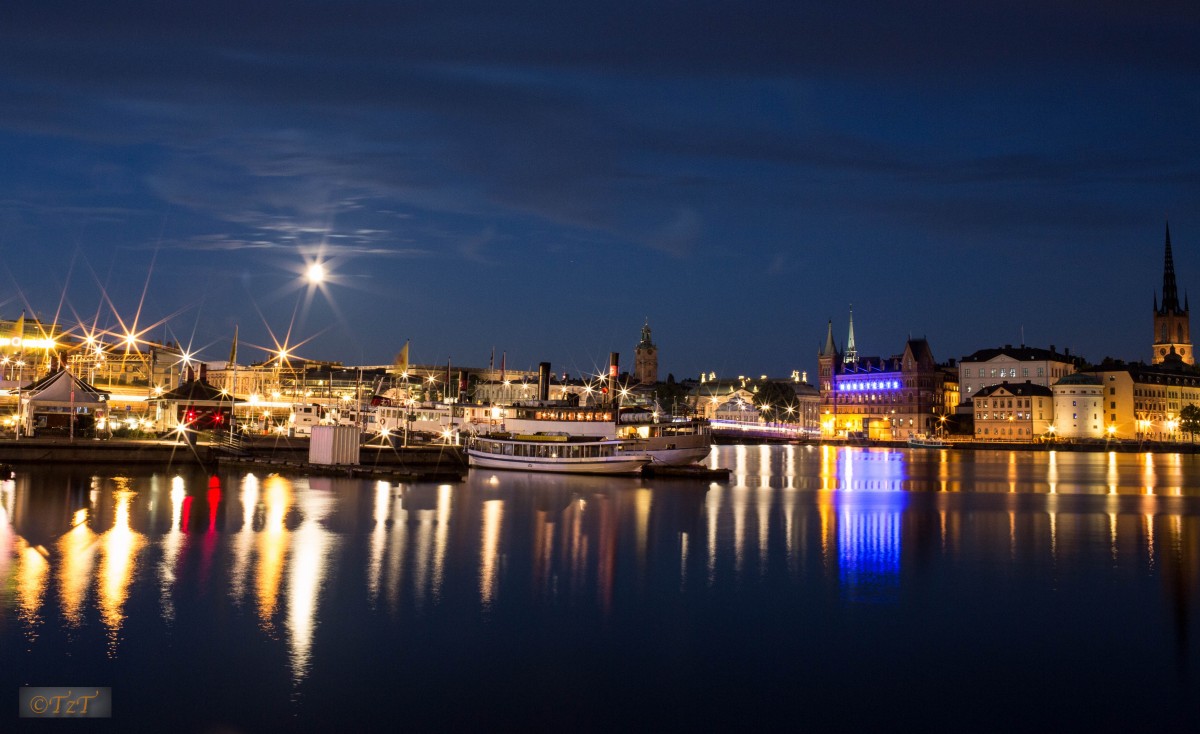 zee, horizon, dok, horizon, nacht, dageraad, stad, stadsgezicht, panorama, schemer, avond, reflectie, haven, jachthaven, haven, Stockholm, zomernacht, nachtschot