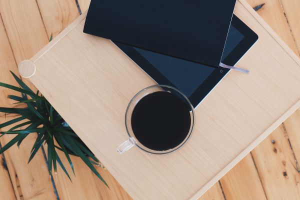 caderno, madeira, mesa, livro, café