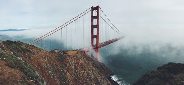 water,mountain,fog,bridge,golden gate bridge,suspension bridge