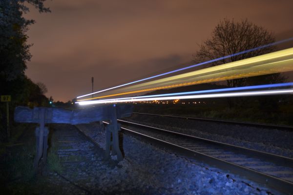 light, night, blur, track, railroad, bridge