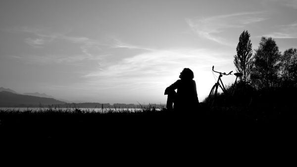 horizon, silhouette, black and white, mountain, cloud, sky