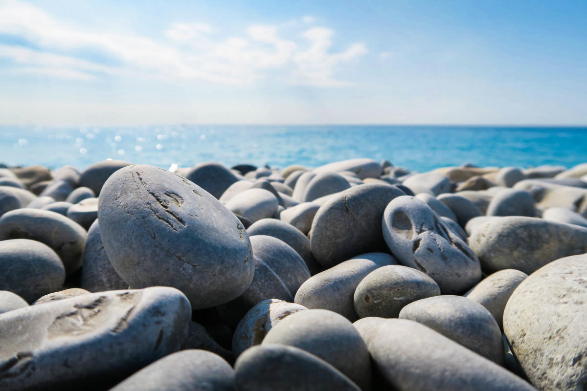 beach, sea, coast, sand, rock, ocean, shore, stone, pebble, blue, material, breakwater, wind wave