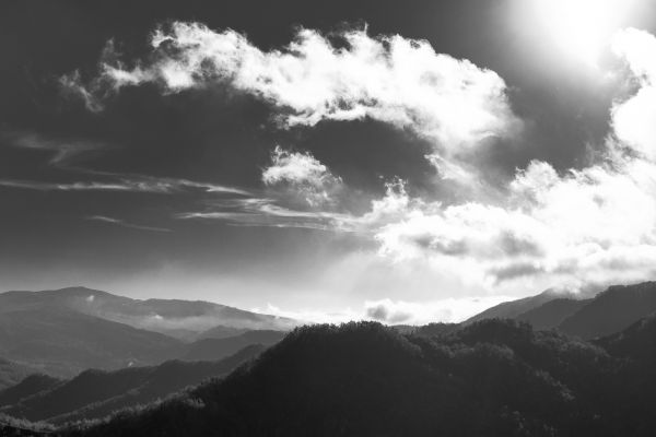 natuur, horizon, berg-, sneeuw, wolk, zwart en wit