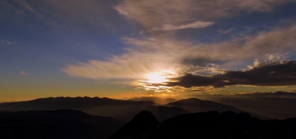 地平線, 山, 雲, 空, 太陽, 日の出