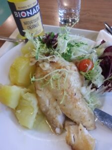 rotbarschfilet mit salzkartoffeln, nußbutter und fenchel-lauchzwiebel-pomelo-salat