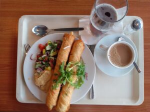 börek Süleyman der Prächtige mit feta gefüllt, mit hummus, gurken-tomatensalat roten zwiebeln, petersilie und granatapfelkernen