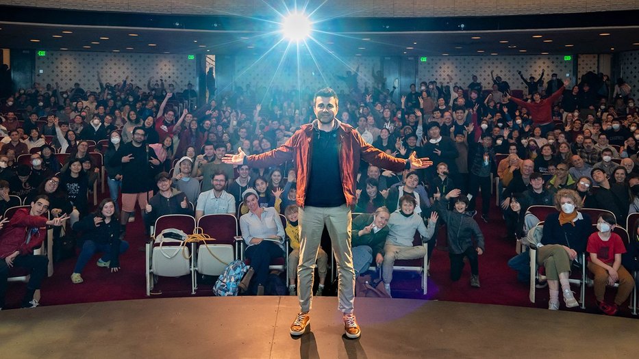 Mark Rober in Beckman Auditorium at Caltech