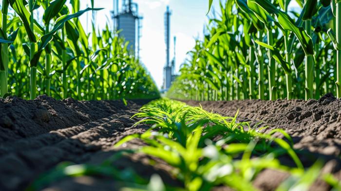 Closeup of corn field with biofuel plant in background.