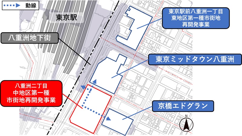 「東京駅前3地区再開発」の配置図。北側から順に、建設中の「東京駅前八重洲1丁目東地区」、23年に開業済みの「東京ミッドタウン八重洲」、そして今回着工した「八重洲2丁目中地区」（出所：八重洲二丁目中地区市街地再開発組合、鹿島、住友不動産、都市再生機構、阪急阪神不動産、ヒューリック、三井不動産）